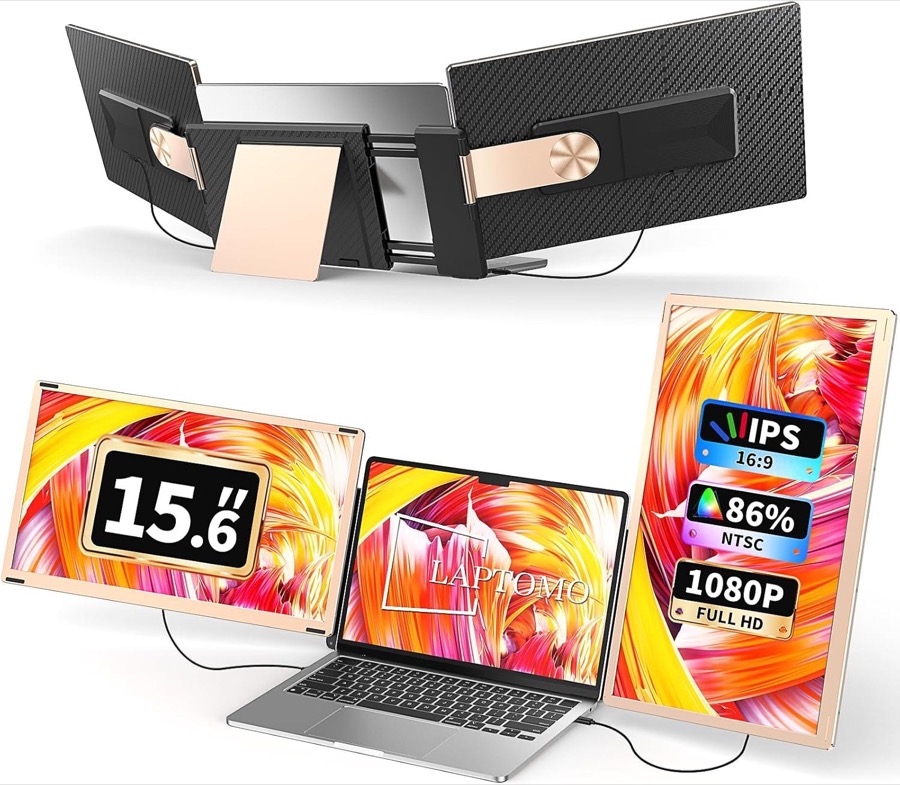 15.6" Detachable Laptop Screen Extender, 1080P FHD Laptop Monitor Extender with 120% sRGB, 235°Rotation Dual Monitor, Plug & Play, Triple Screen Compatible with Windows, Mac, Chrome