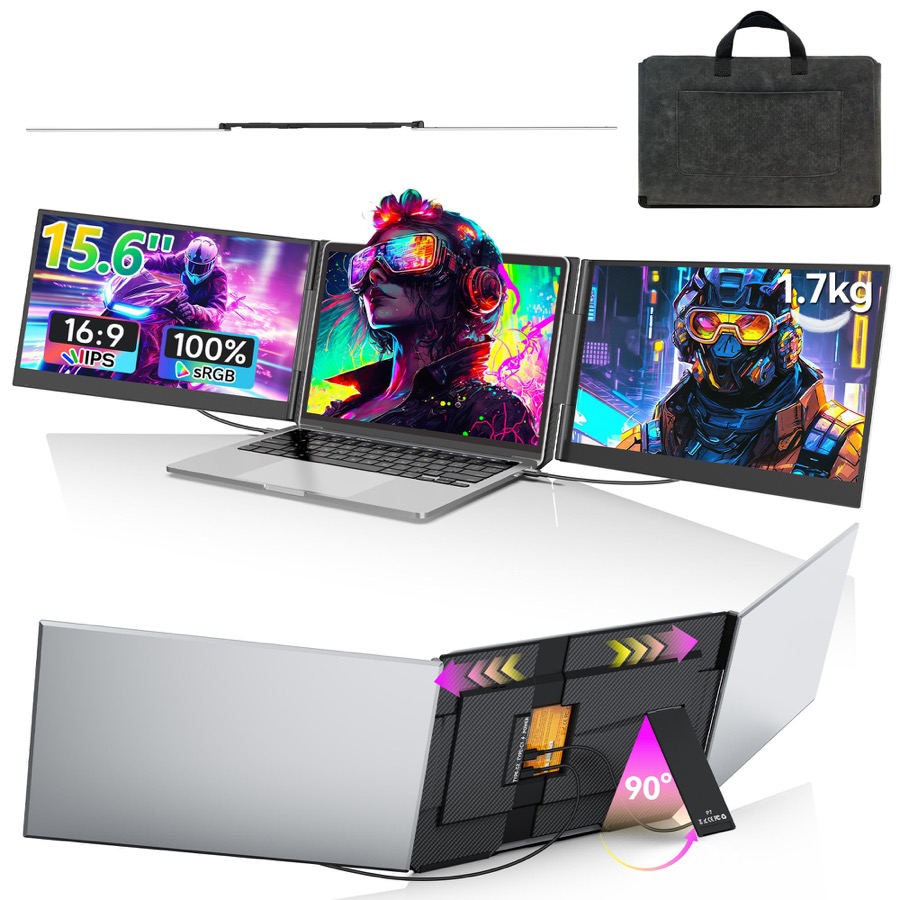15.6" Triple Laptop Screen Extender, Ultra Light & Thin Triple Portable Monitor for Laptop 1080P FHD IPS Display, Plug & Play via HDMI/USB-A/Type-C, Compatible with Mac/Windows/Android/Dex