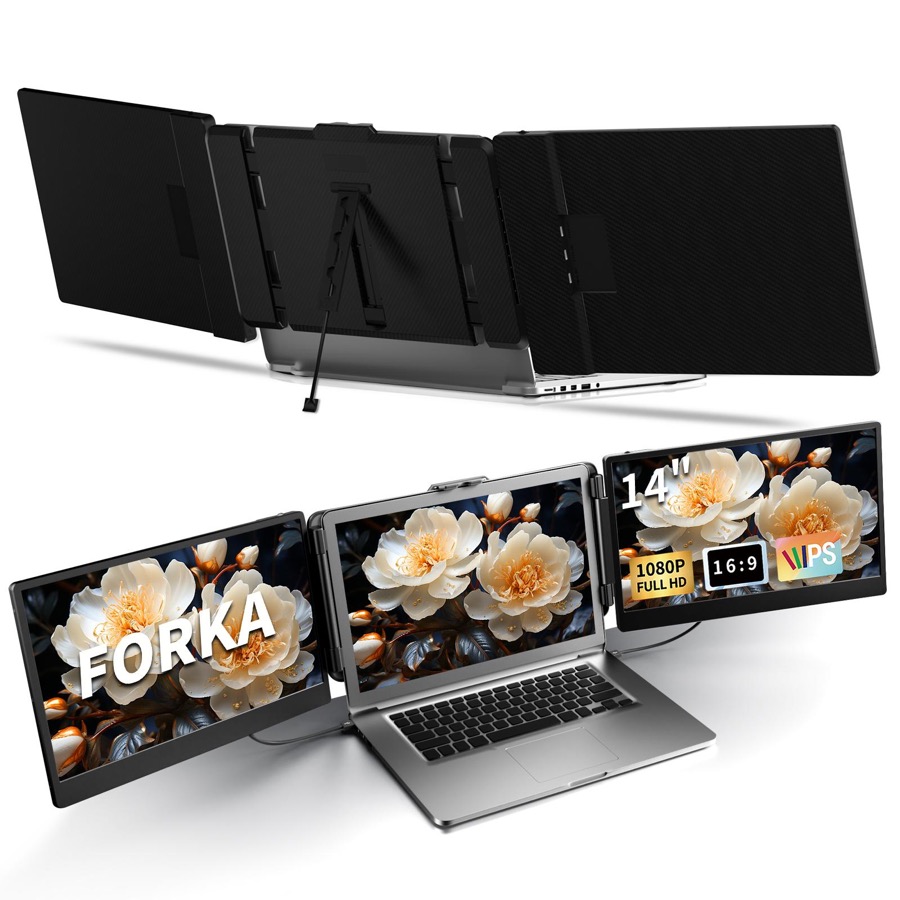FORKA Laptop Screen Extender Monitor - 14" Portable IPS FHD 1080P, HDMI/USB-A/Type-C, 15.94" Max Length, Compatible with Windows & Mac